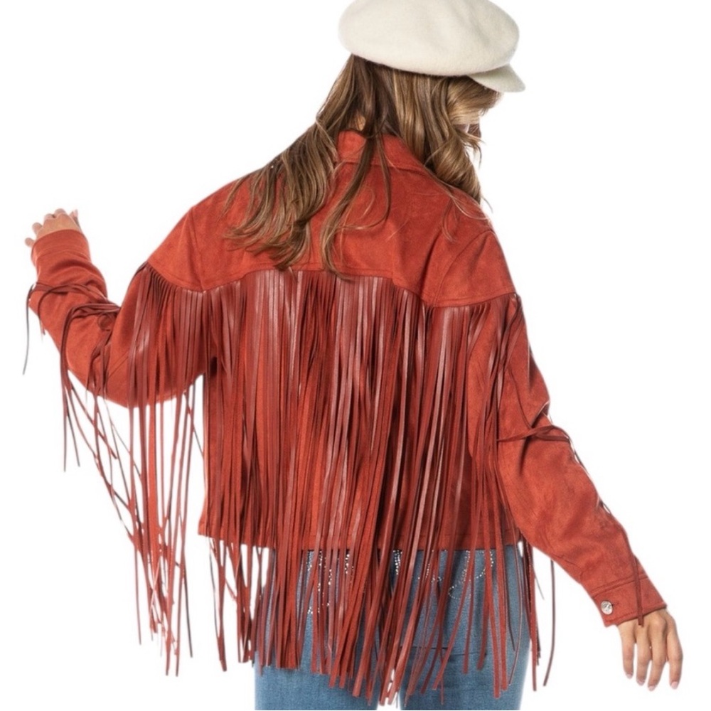 NWT JUICY COUTURE XS RUST ORANGE RED FRINGE TRUCKER JACKET - Picture 6 of 7